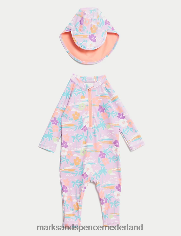 Marks & Spencer Baby 2-delige tropische zwempak- en hoedenset met korte pijpen roze mix kleding N8VZP7763