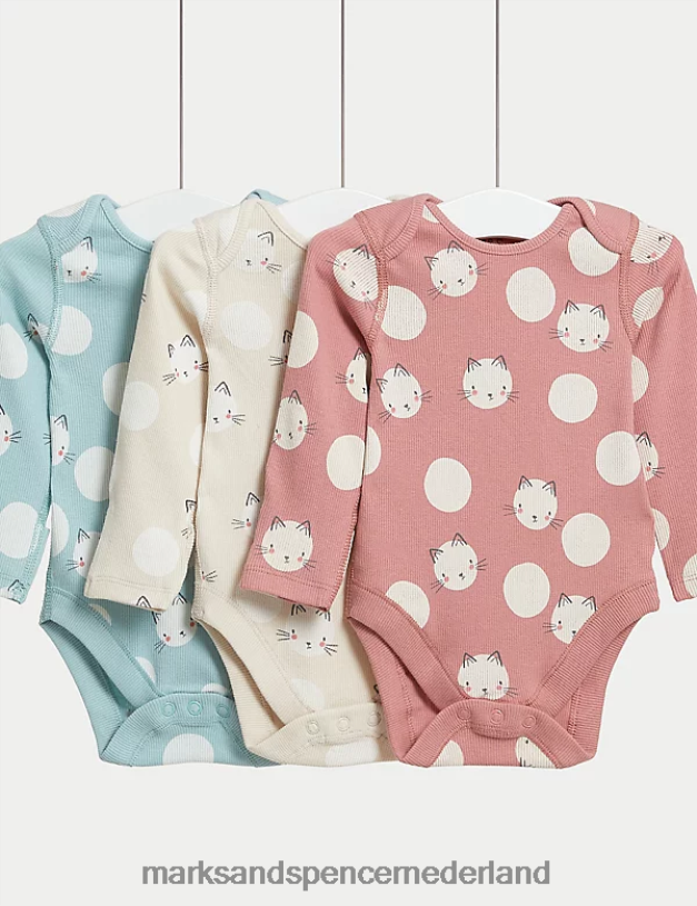 Marks & Spencer Baby 3 stuks katoenrijke bodysuits met kattenvlekken multi kleding N8VZP7607