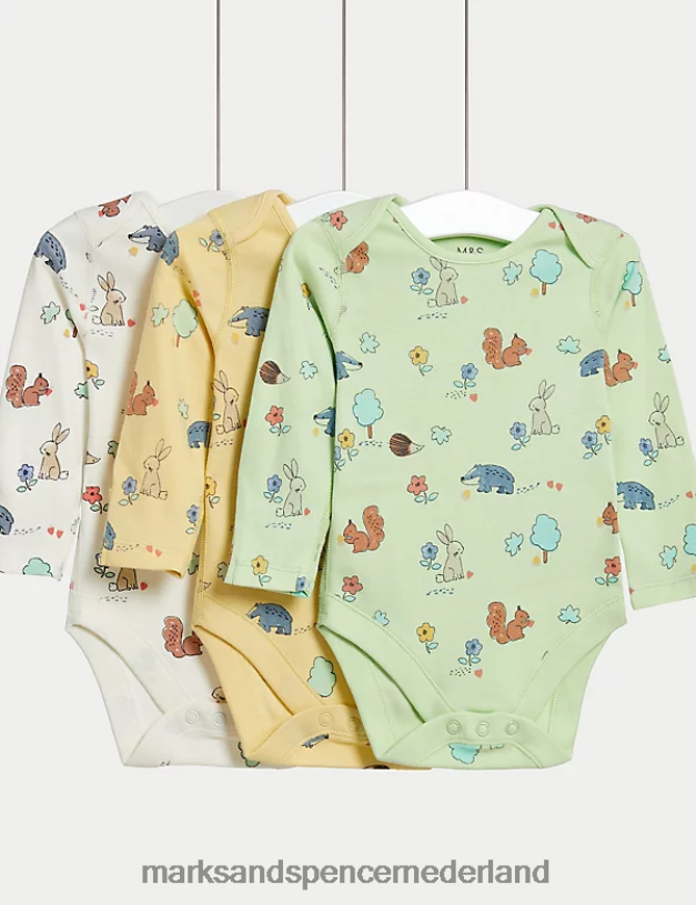Marks & Spencer Baby 3 stuks puur katoenen bodysuits met bosprint geel mengsel kleding N8VZP7636