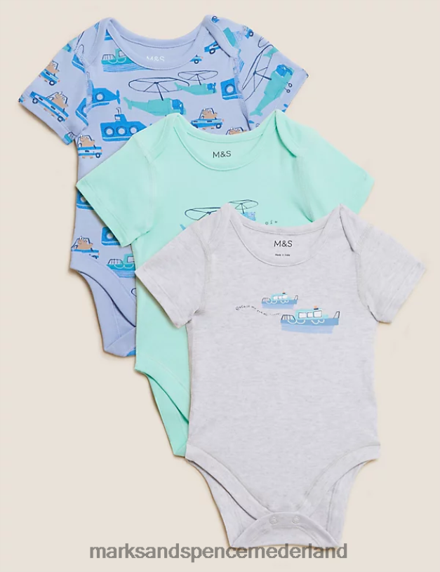 Marks & Spencer Baby 3 stuks puur katoenen bodysuits met dierenmotief multi kleding N8VZP7293