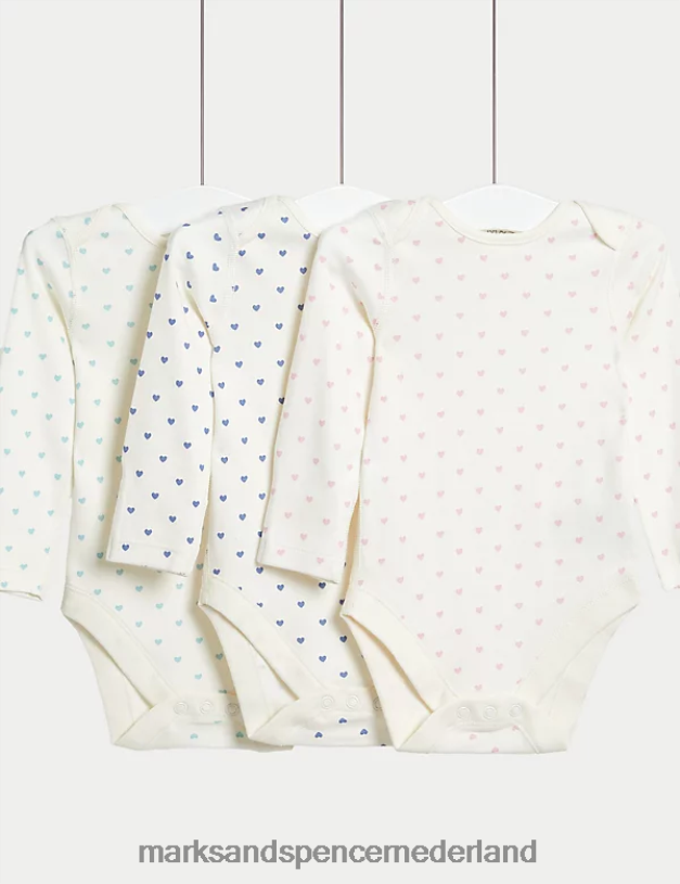Marks & Spencer Baby 3 stuks puur katoenen bodysuits met hartjesprint witte mix kleding N8VZP7653