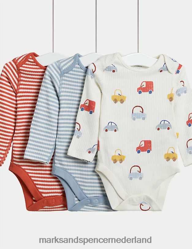 Marks & Spencer Baby 3 stuks puur katoenen bodysuits met strepen en auto's koperen roos kleding N8VZP7235