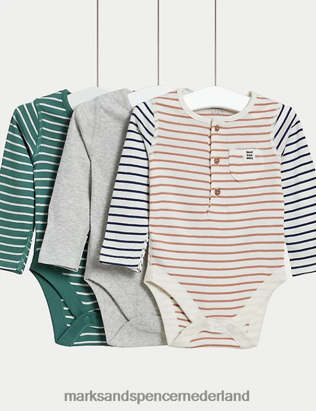 Marks & Spencer Baby Gestreepte bodysuits van puur katoen, 3 stuks salie mix kleding N8VZP7456