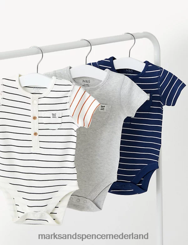 Marks & Spencer Baby Gestreepte en effen bodysuits van puur katoen, 3 stuks grijze mergel kleding N8VZP7649