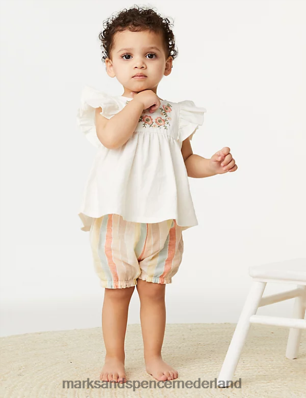 Marks & Spencer Baby 2-delige katoenrijke, gebloemde gestreepte outfit crème mix kleding N8VZP7695