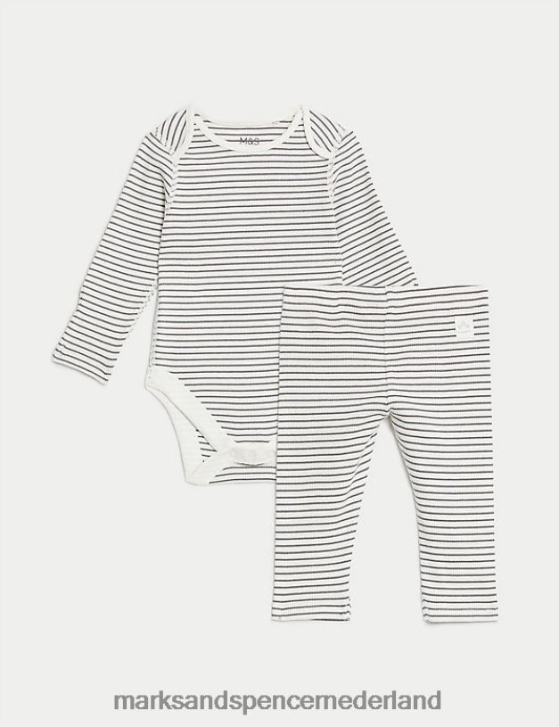 Marks & Spencer Baby 2-delige katoenrijke gestreepte outfit witte mix kleding N8VZP7784