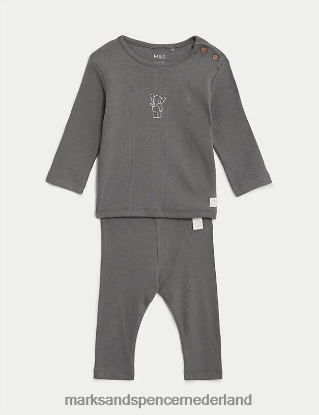 Marks & Spencer Baby 2-delige katoenrijke olifantenoutfit middelgrijs kleding N8VZP7447