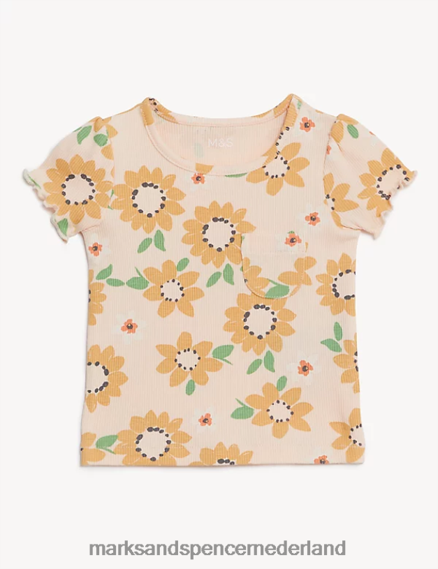 Marks & Spencer Baby 2-delige katoenrijke zonnebloemoutfit perzik mix kleding N8VZP7699
