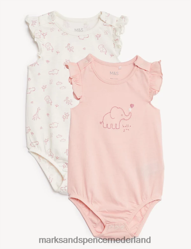 Marks & Spencer Baby 2 stuks puur katoenen rompertjes met dieren roze mix kleding N8VZP7762