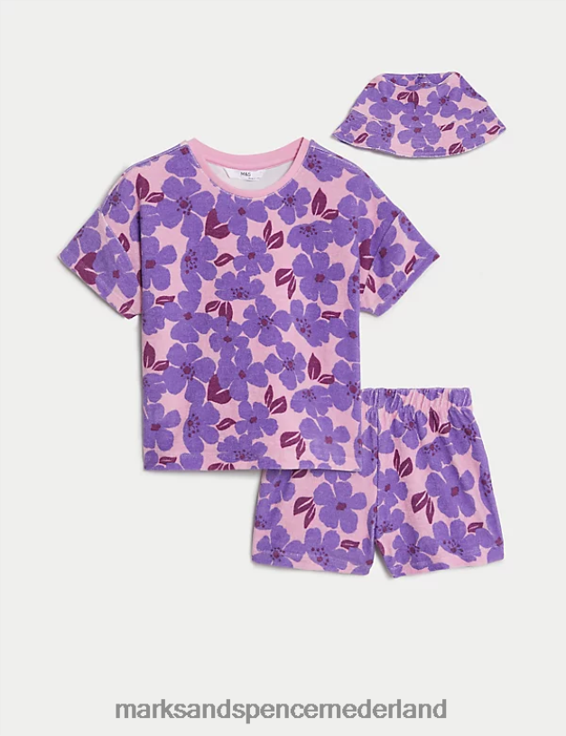 Marks & Spencer Baby 3-delige katoenrijke badstof bloemenoutfit paars kleding N8VZP9138