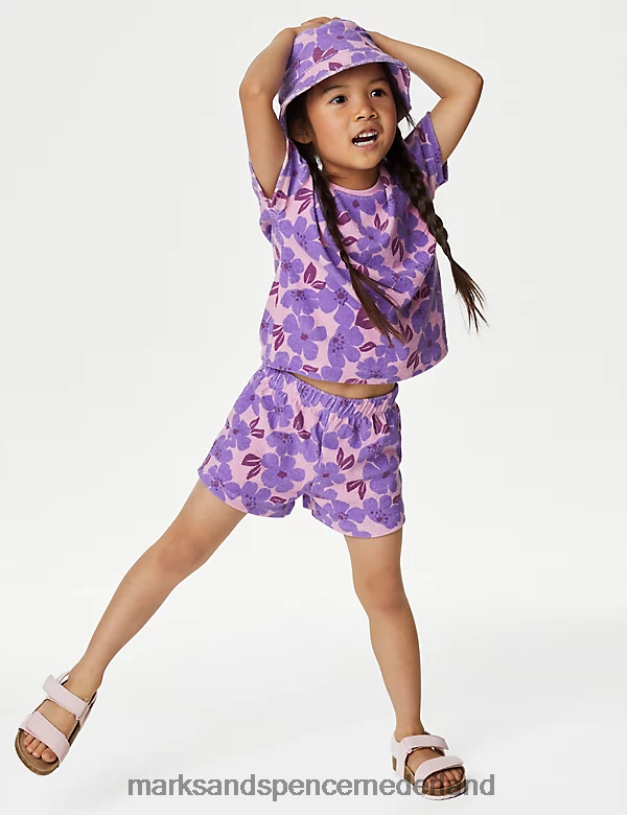 Marks & Spencer Baby 3-delige katoenrijke badstof bloemenoutfit paars kleding N8VZP9138