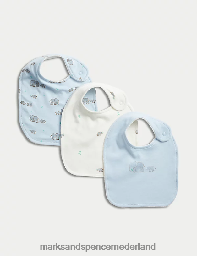 Marks & Spencer Baby 3 stuks katoenrijke slabbetjes met olifantenprint ijsblauw kleding N8VZP7367
