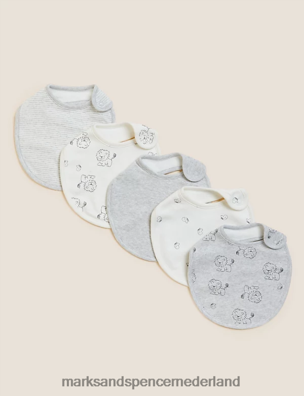 Marks & Spencer Baby 5 stuks katoenrijke slabbetjes met print grijs kleding N8VZP7404