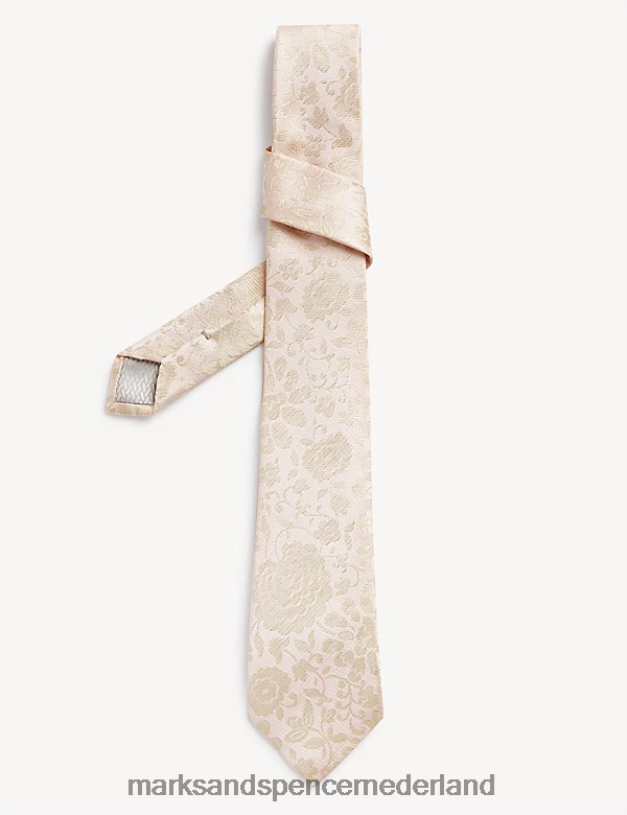 Marks & Spencer Heren slanke, gebloemde Italiaanse stropdas van puur zijde beige accessoires N8VZP7198