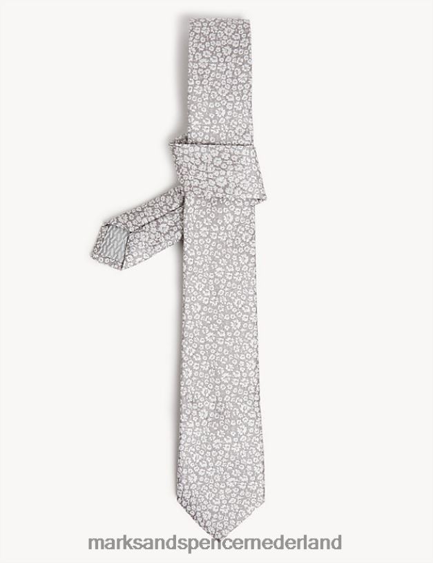 Marks & Spencer Heren slanke, gebloemde Italiaanse stropdas van puur zijde zilver accessoires N8VZP7194
