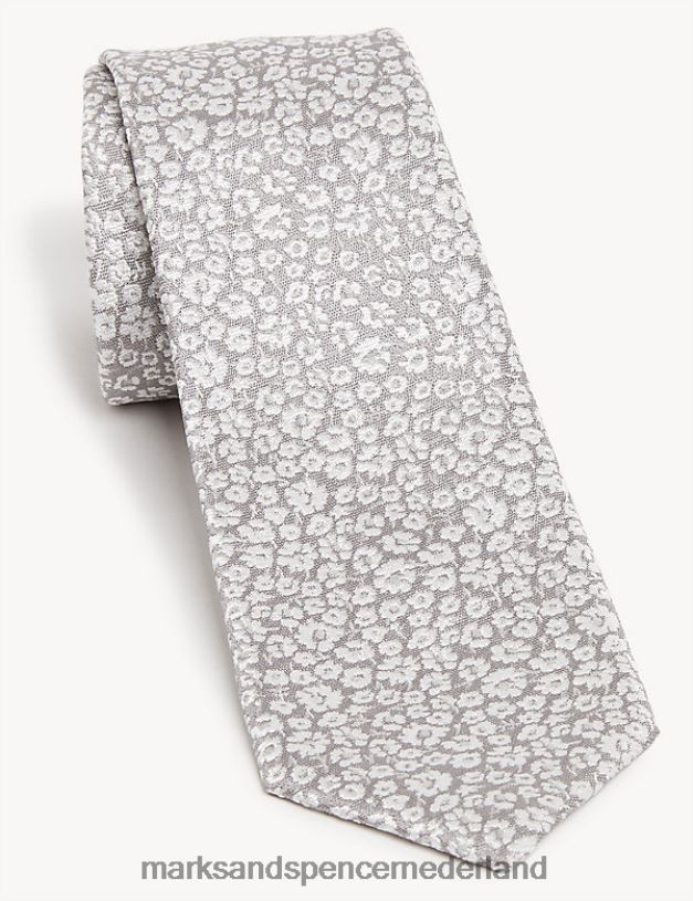 Marks & Spencer Heren slanke, gebloemde Italiaanse stropdas van puur zijde zilver accessoires N8VZP7194
