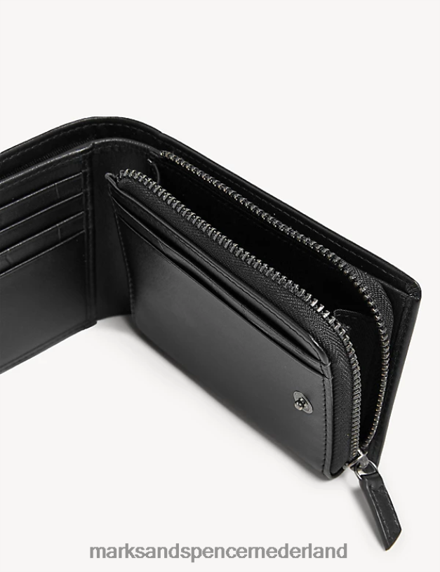 Marks & Spencer Heren leren bi-fold kaartveilige portemonnee met ritssluiting zwart accessoires N8VZP6655