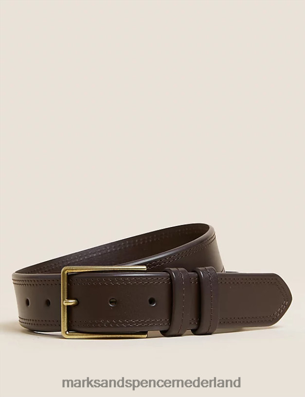 Marks & Spencer Heren Leren riem met stikseldetail bruin accessoires N8VZP7265