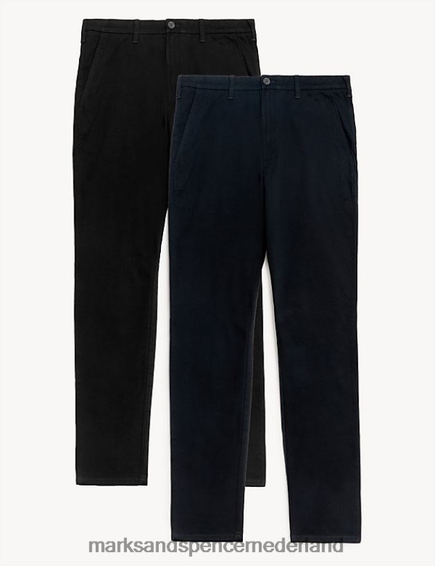 Marks & Spencer Heren 2 stuks slim-fit stretchchino\'s blauw Zwart kleding N8VZP6144