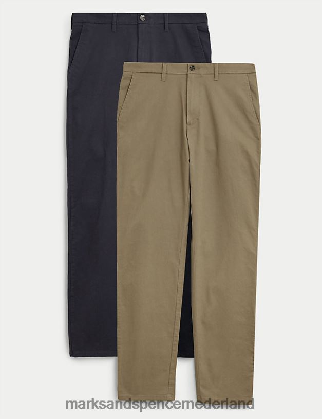 Marks & Spencer Heren Set van 2 stretchchino's met normale pasvorm steen/marine kleding N8VZP5055