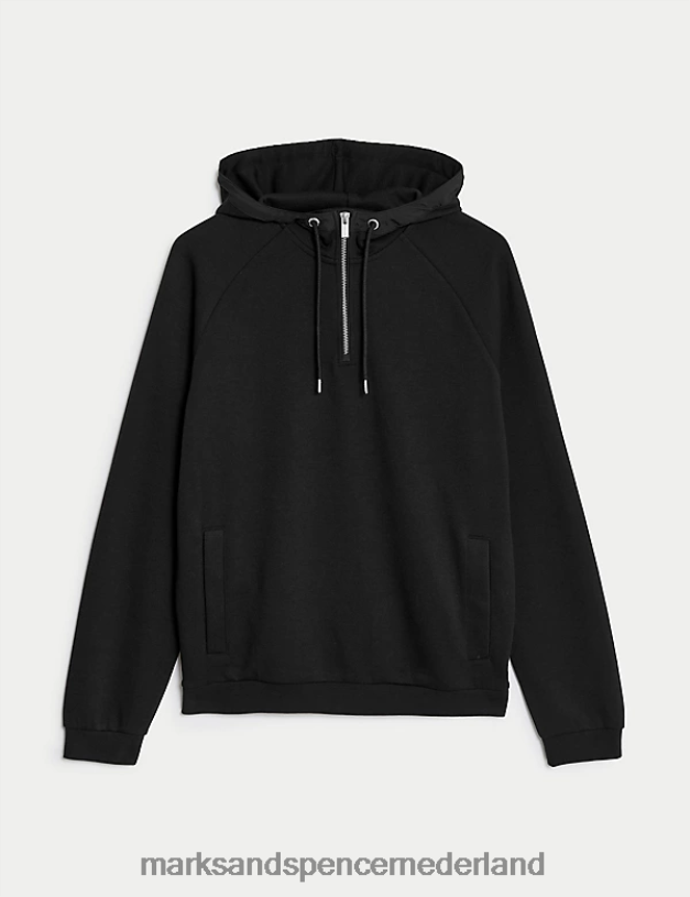 Marks & Spencer Heren Hoodie van een katoenmix met halve rits zwart kleding N8VZP7088