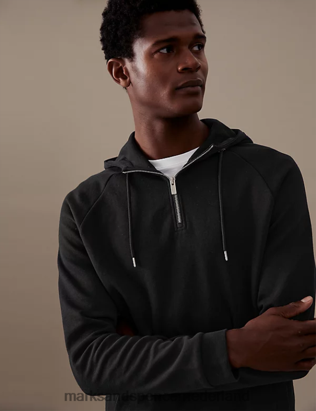 Marks & Spencer Heren Hoodie van een katoenmix met halve rits zwart kleding N8VZP7088