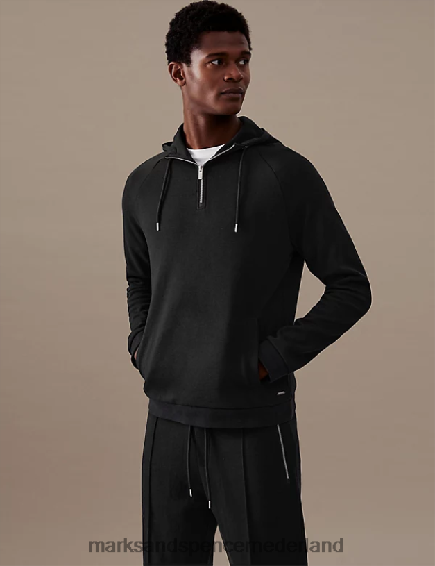 Marks & Spencer Heren Hoodie van een katoenmix met halve rits zwart kleding N8VZP7088