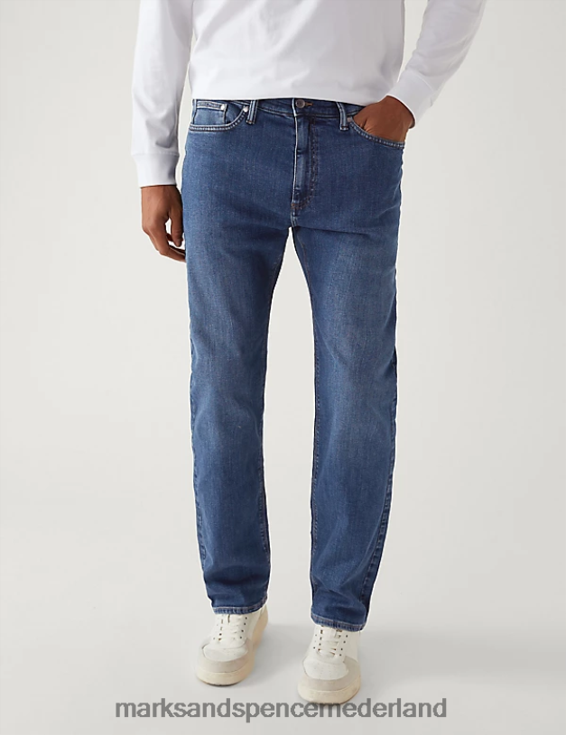 Marks & Spencer Heren 2 stuks stretchjeans met rechte pasvorm middelblauw kleding N8VZP6997