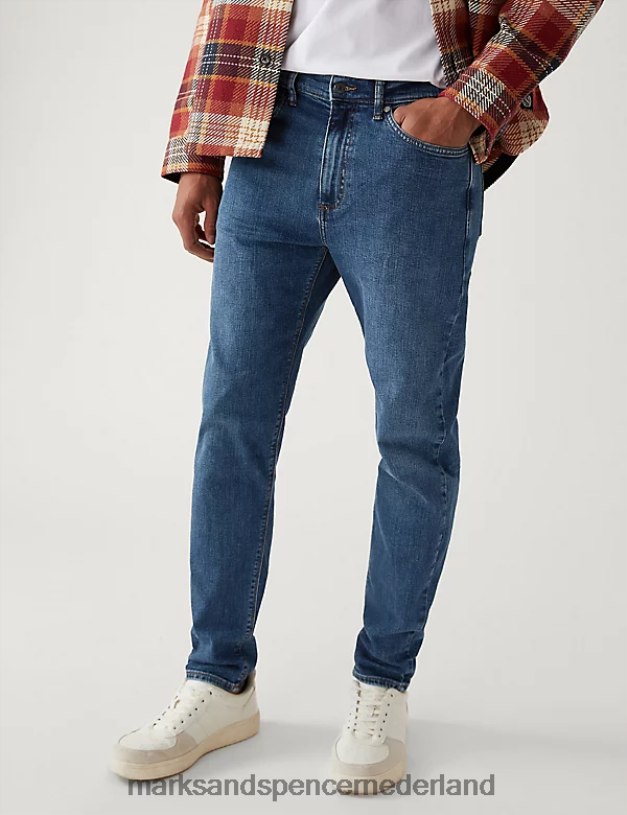 Marks & Spencer Heren Stretchjeans met taps toelopende pasvorm middelblauw kleding N8VZP6662