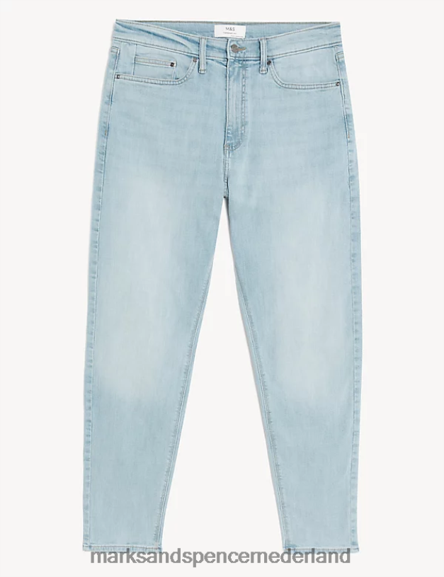 Marks & Spencer Heren Stretchjeans met taps toelopende pasvorm poeder blauw kleding N8VZP7027