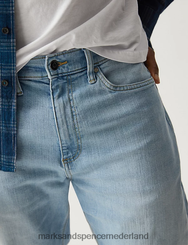 Marks & Spencer Heren Stretchjeans met taps toelopende pasvorm poeder blauw kleding N8VZP7027