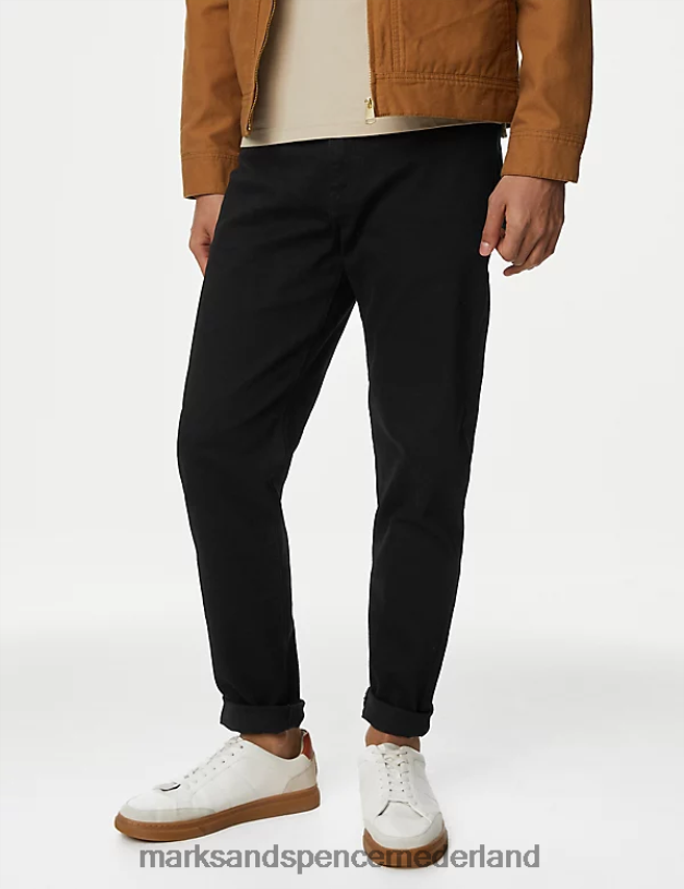 Marks & Spencer Heren Stretchjeans met taps toelopende pasvorm zwart kleding N8VZP7026