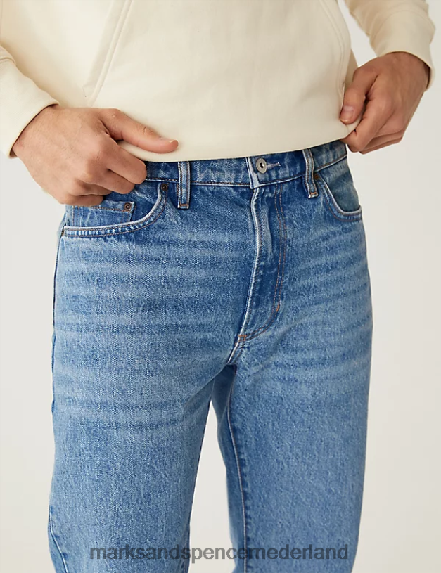 Marks & Spencer Heren jeans met rechte pasvorm en stijve vintage wassing middelblauw kleding N8VZP5618