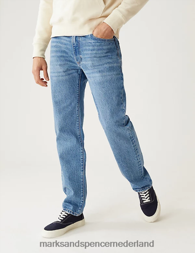 Marks & Spencer Heren jeans met rechte pasvorm en stijve vintage wassing middelblauw kleding N8VZP5618
