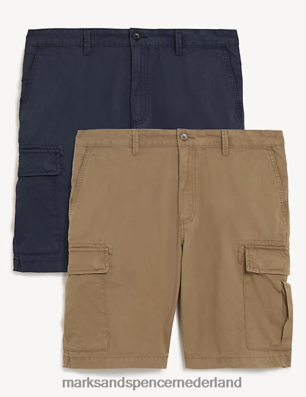 Marks & Spencer Heren 2 stuks puur katoenen cargoshorts steen mix kleding N8VZP5888
