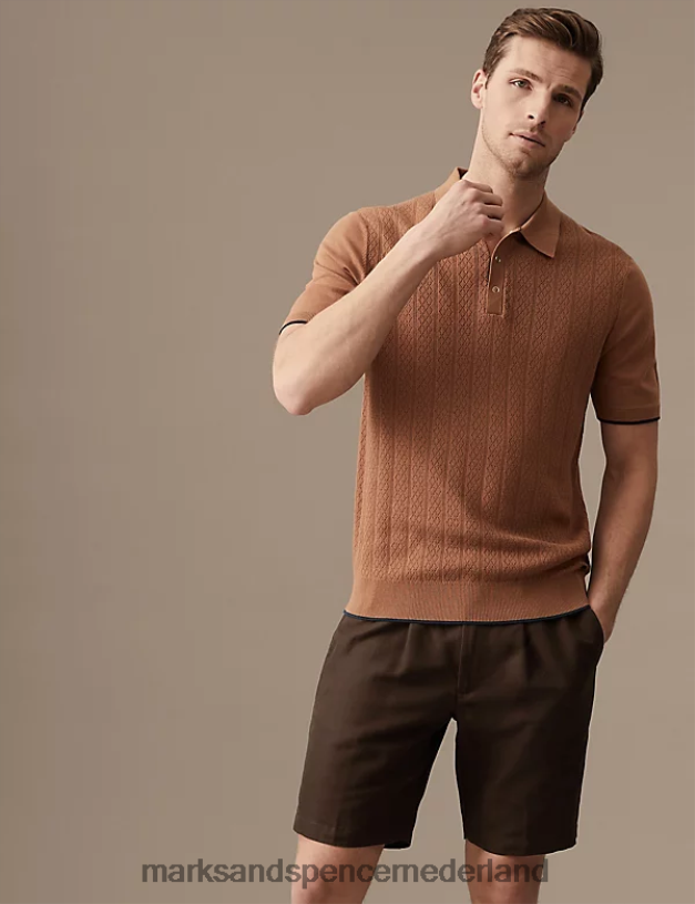 Marks & Spencer Heren chinoshort van katoenlinnen met elastische taille bruin kleding N8VZP6367