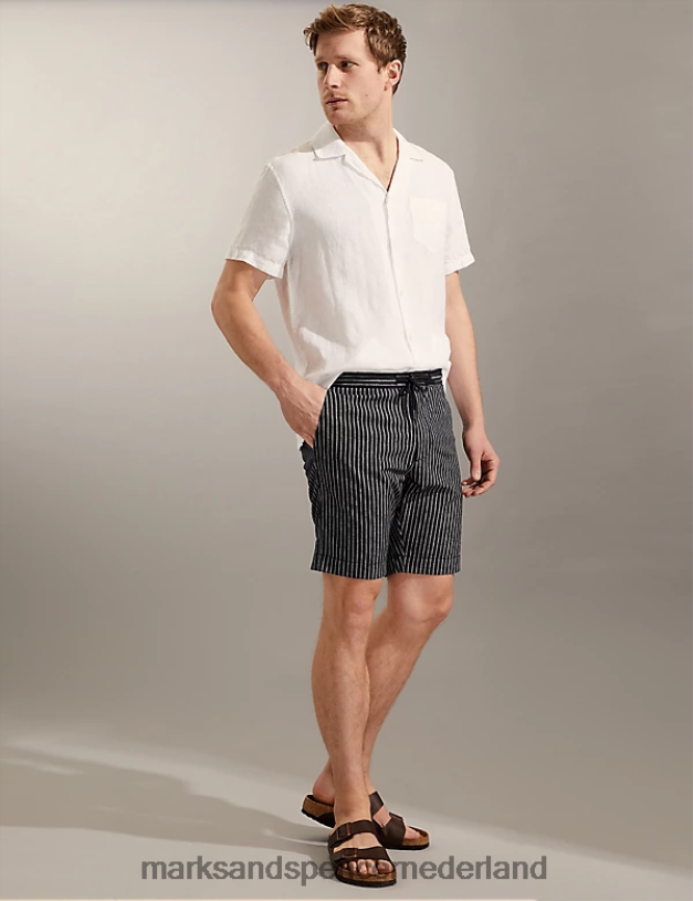 Marks & Spencer Heren linnenrijke krijtstreepshort marine/wit kleding N8VZP5212