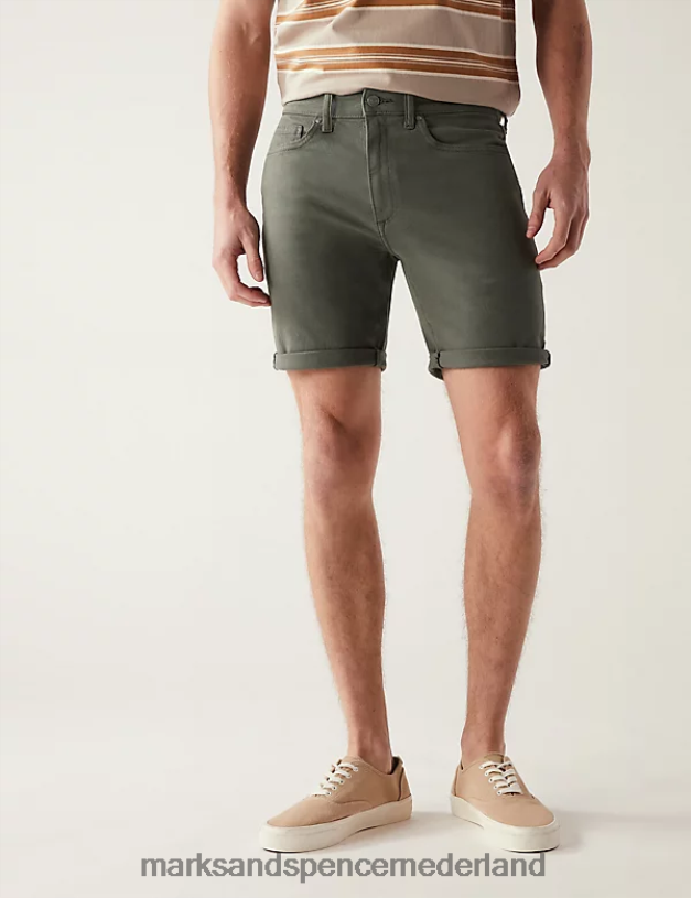 Marks & Spencer Heren theegeverfde stretchdenimshort khaki kleding N8VZP6458