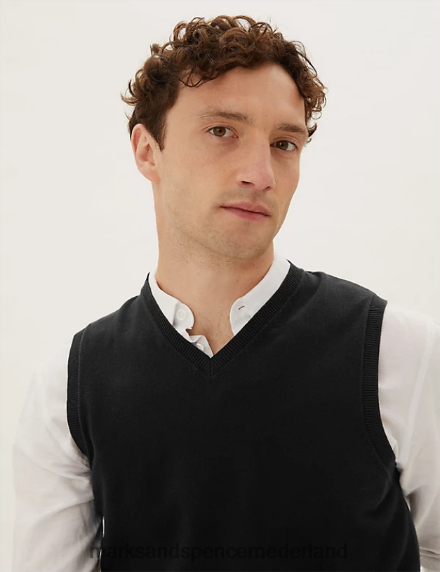 Marks & Spencer Heren Mouwloze trui van zuiver katoen, 2 stuks zwart kleding N8VZP7049