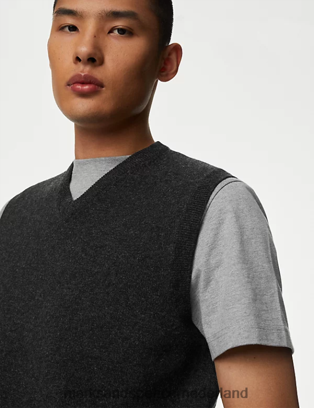 Marks & Spencer Heren mouwloze trui van pure extra fijne lamswol houtskool kleding N8VZP6335