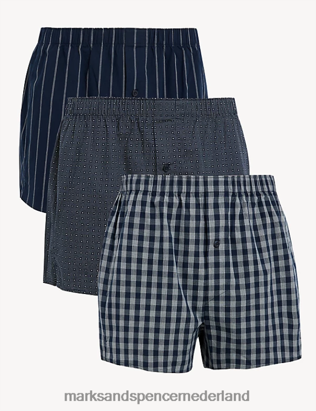 Marks & Spencer Heren 3 stuks puur katoen, diverse geweven boxers donker marine kleding N8VZP4852