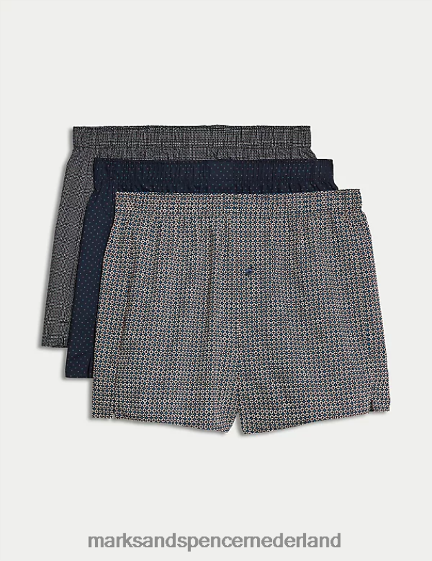 Marks & Spencer Heren 3 stuks puur katoenen geometrisch geweven boxers donker marine kleding N8VZP4928