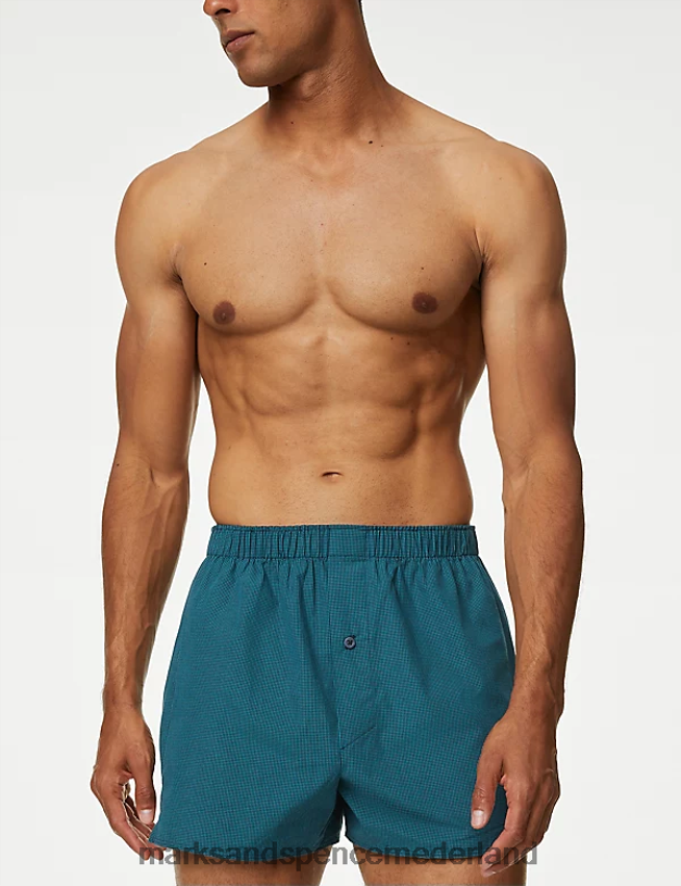 Marks & Spencer Heren 3 stuks puur katoenen geruite geweven boxers middel turkoois kleding N8VZP4845