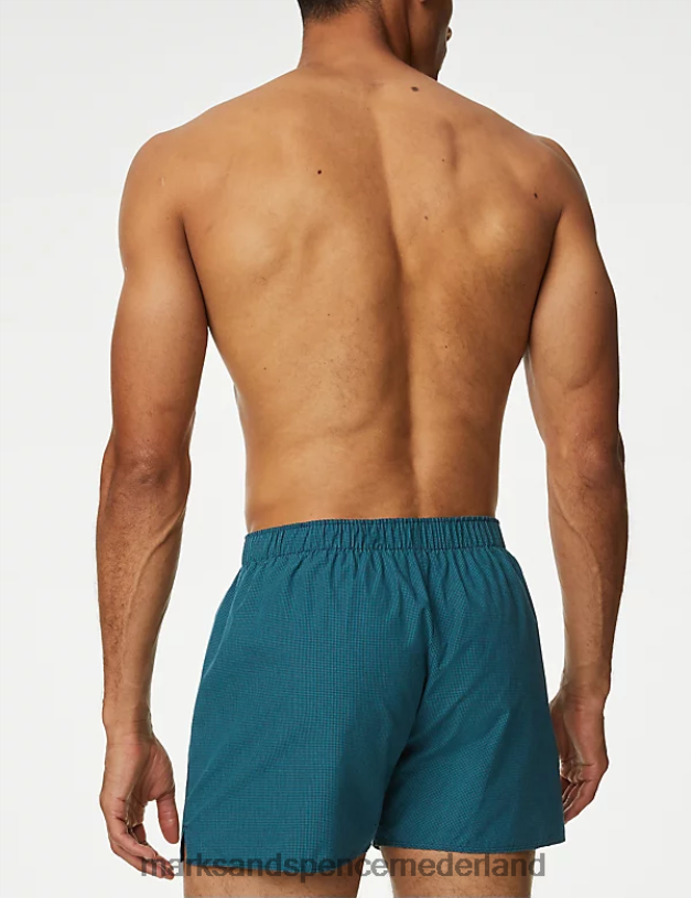 Marks & Spencer Heren 3 stuks puur katoenen geruite geweven boxers middel turkoois kleding N8VZP4845