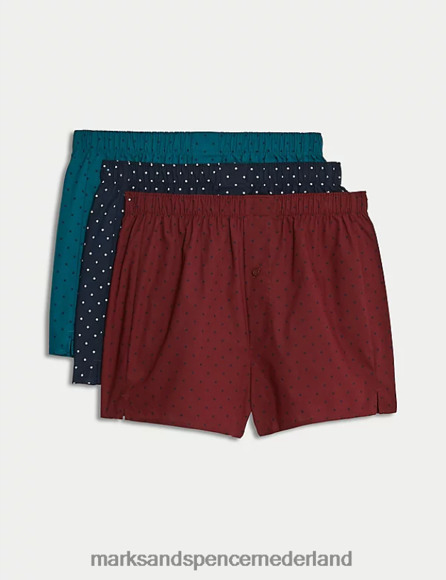 Marks & Spencer Heren 3 stuks puur katoenen geweven boxers met stippen donkerblauw kleding N8VZP5015