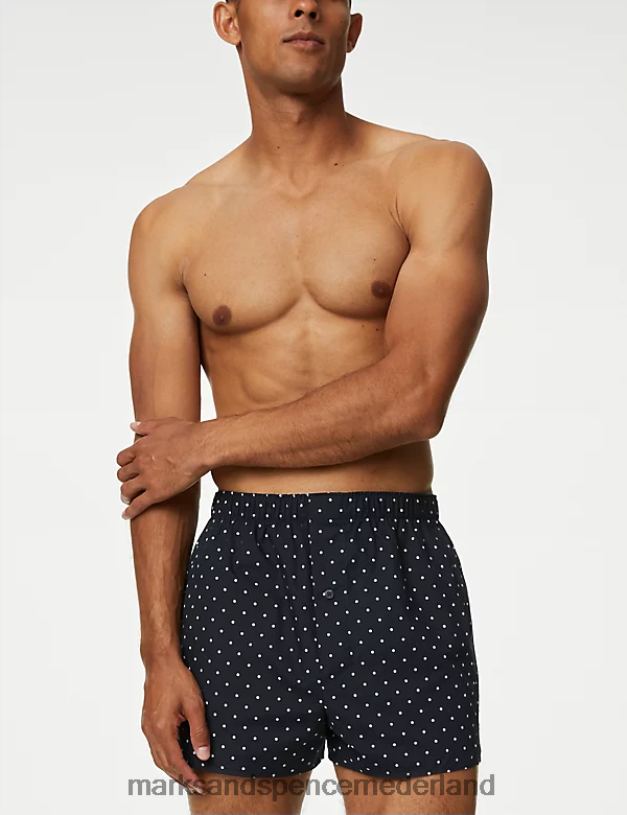 Marks & Spencer Heren 3 stuks puur katoenen geweven boxers met stippen donkerblauw kleding N8VZP5015