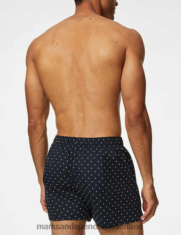 Marks & Spencer Heren 3 stuks puur katoenen geweven boxers met stippen donkerblauw kleding N8VZP5015