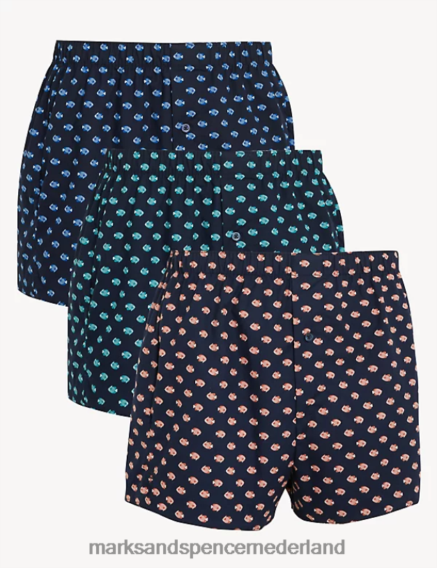 Marks & Spencer Heren 3 stuks puur katoenen geweven boxers met visprint marine kleding N8VZP6130