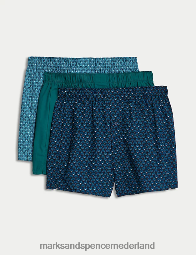 Marks & Spencer Heren 3 stuks puur katoenen geweven boxers met waaierprint middel turkoois kleding N8VZP4832