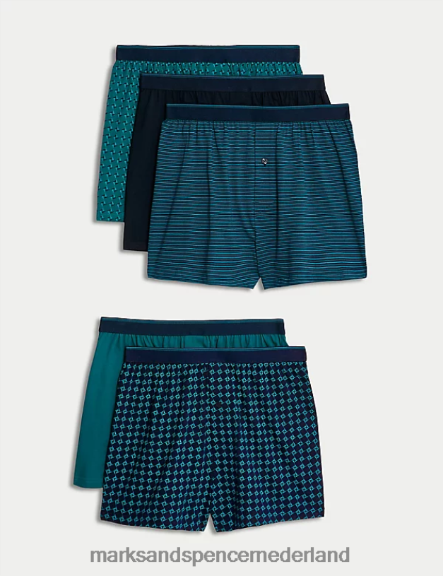 Marks & Spencer Heren 5 stuks puur katoenen cool & fresh jersey boxers turkoois mengsel kleding N8VZP4882